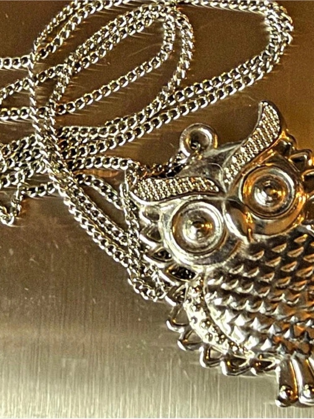 Cute Long Sweater Statement Necklace Big Owl Pendant in Silver Like New